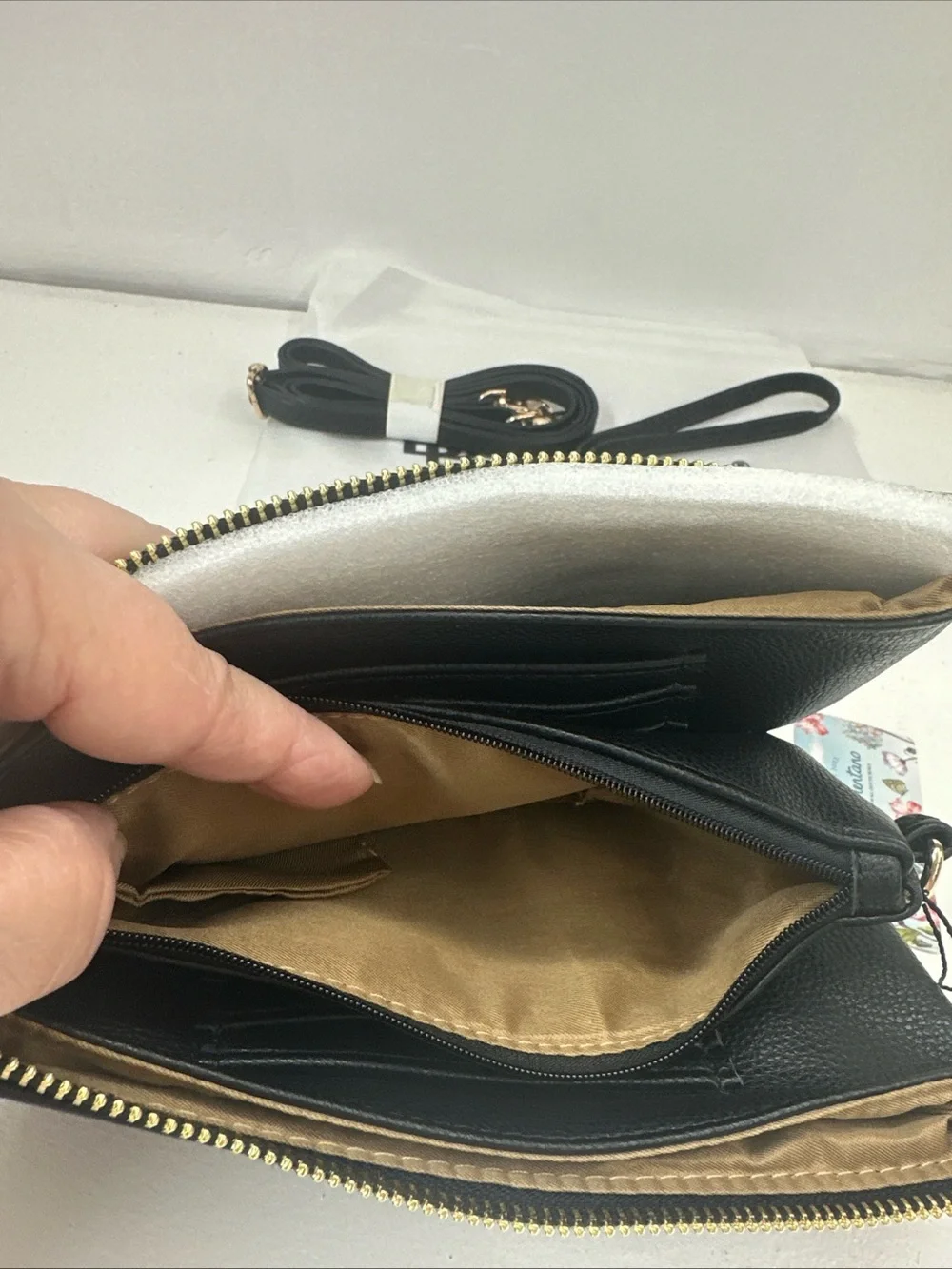 Brentano Black Large Clutch/Pouch Inner/Outer Pockets Lined Gold Zip Dust Bag